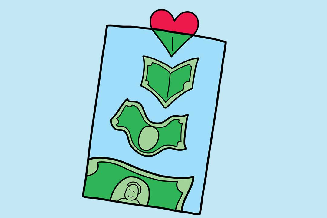 Pieniądze trafiają do torby, a serce zmienia się w banknot dolarowy