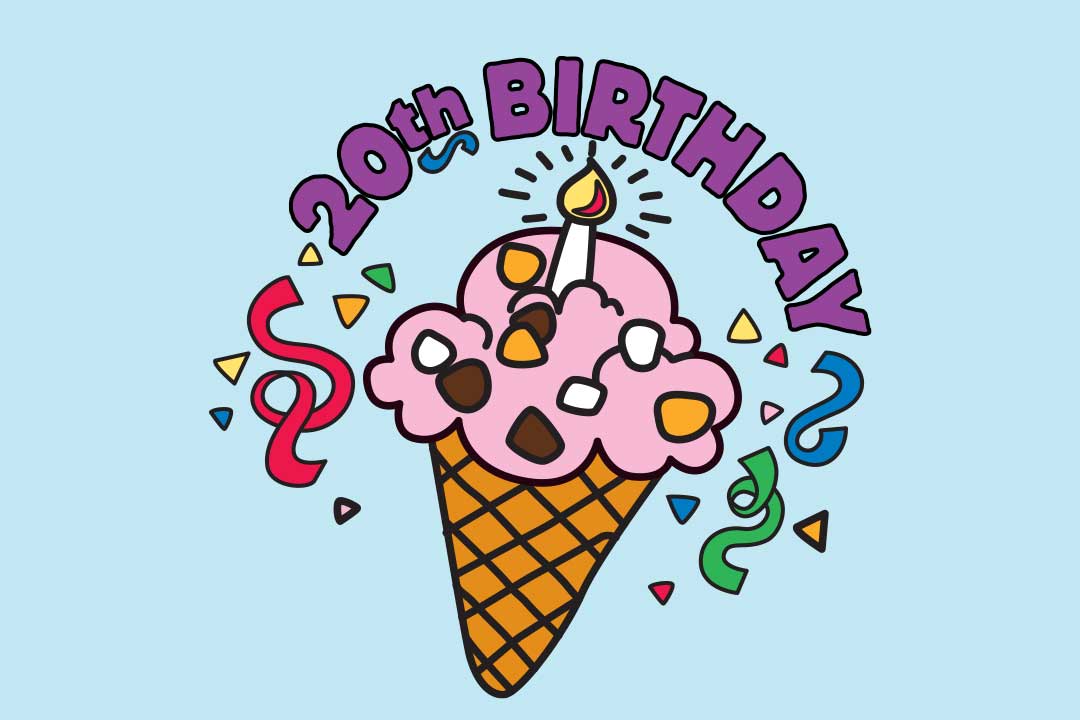 Impreza urodzinowa z okazji 20-lecia, na której dominującym motywem jest kulka lodów.